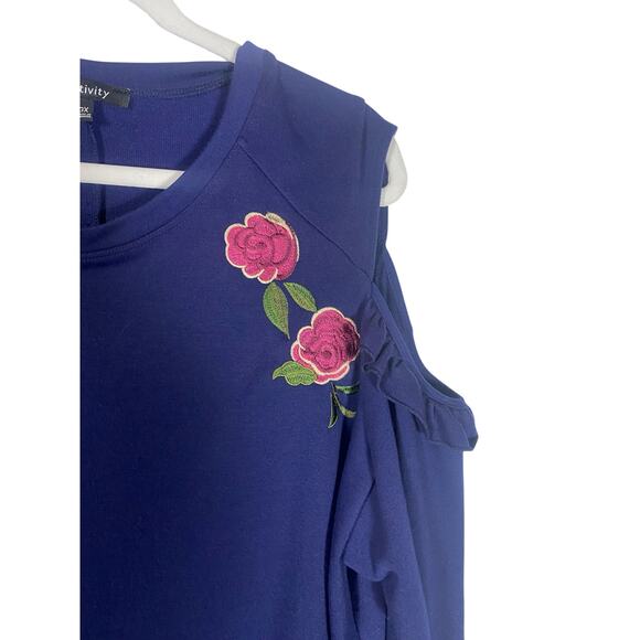 Relativity Top Women's open Shoulder Long Sleeve Blue 3X Roses - Picture 3 of 6